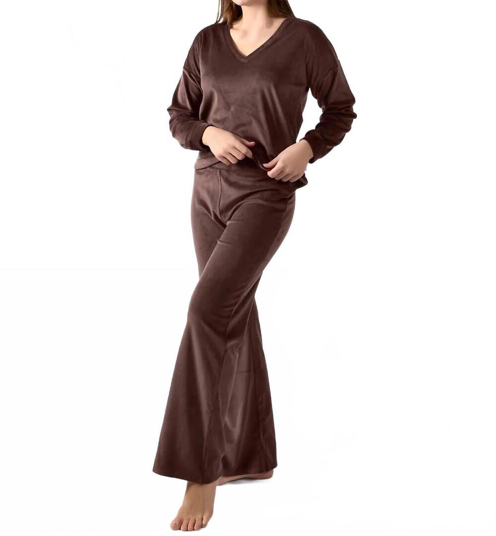 NEW MEMOI velour loose fit v-neck sweatshirt and pants set in dark brown